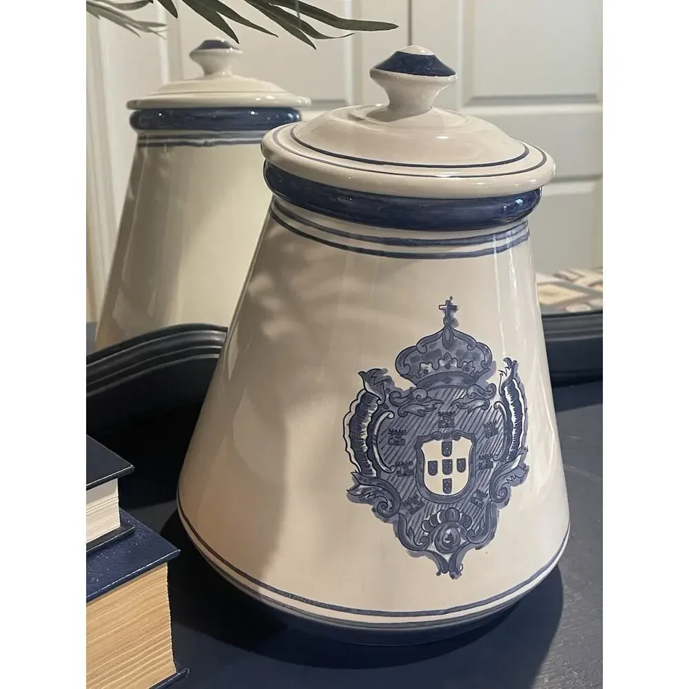 Blue White Ceramic Jar Canister w/Lid Faiancas Belo style Royal Crest Portuguese
